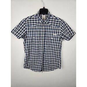 Lucky Brand Mens Short Sleeve Plaid Western Shirt Blue Tan Medium